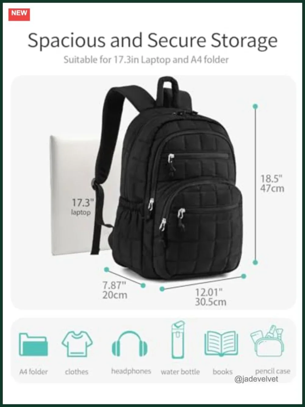 Large Capacity 17.3in Laptop Backpack Quilted Taslon Computer Bag Daypack